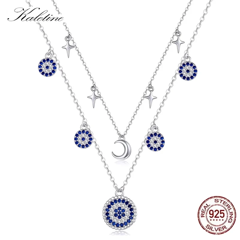 KALETINE Evil Eye Moon Necklace For Women 925 Sterling Silver Jewelry Fancy Blue Store Link Chain Choker Necklace Bijoux Gift