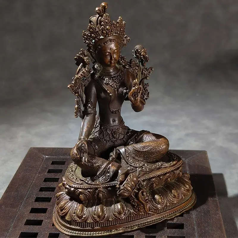 Retro Green Tara Buddha Alloy Ornament Desktop Home Offering Bodhisattva Statue Tantra Nepalese Bronze Collection