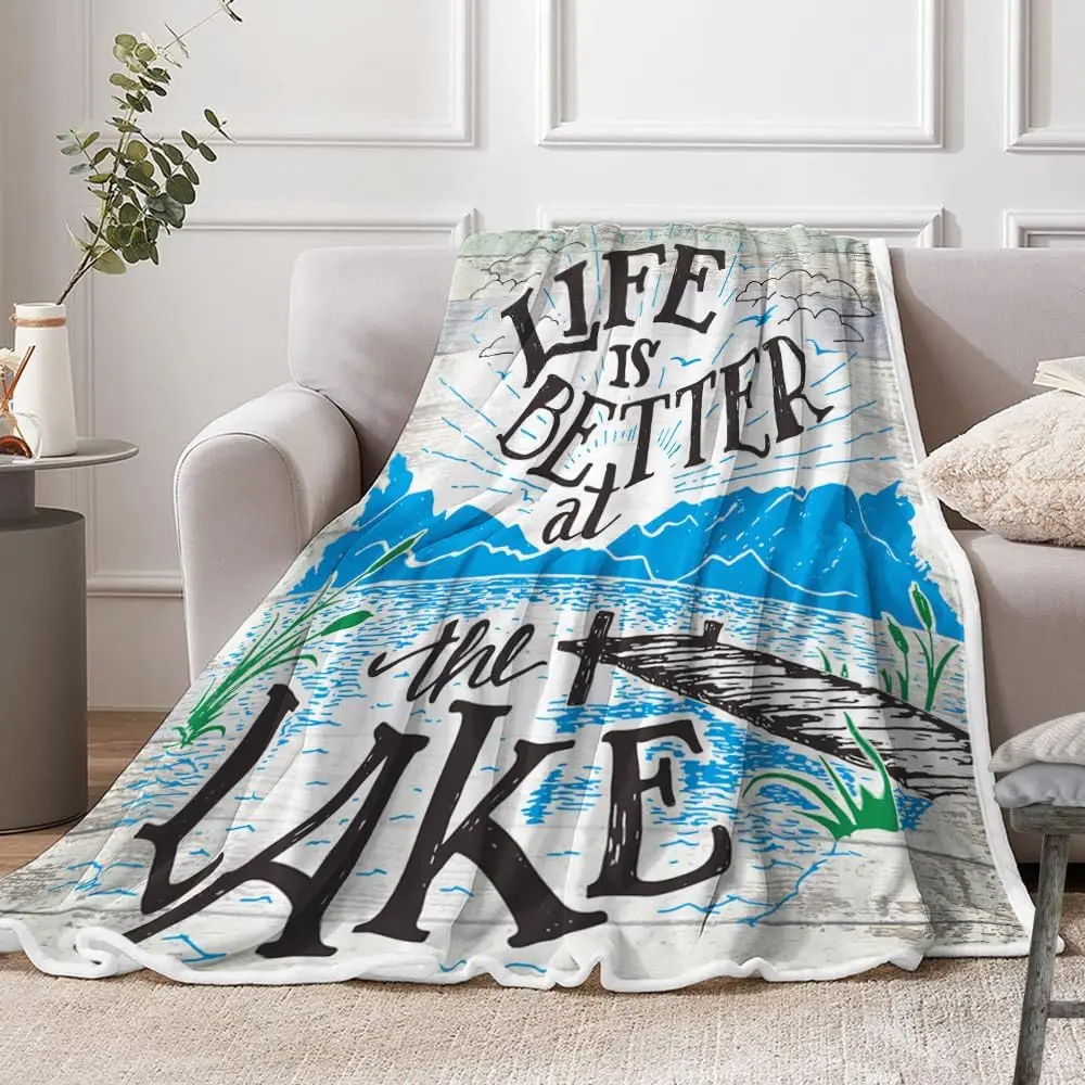 Blue Lakeside Cabin Throw Blankets,Soft Cozy Flannel Life is Better at The Lake Wooden Pier Plants Art Print Warm Bed Blanket fo