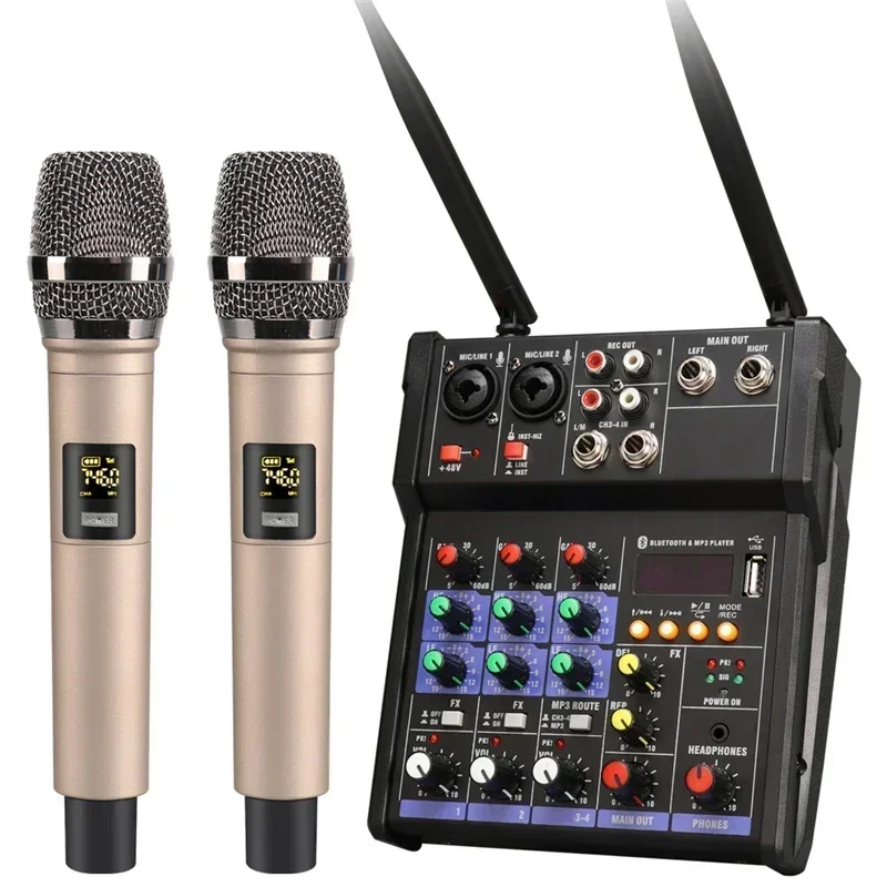 

4 Channel USB Audio Mixer with Wireless Microphone Studio Sound Mixers with Bluetooth DJ Console Mixing for Karaoke Micro Phone