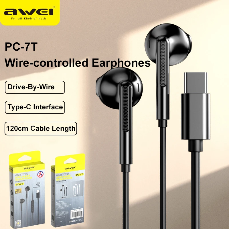 Awei PC-7T/PC-7 Wire-controlled Headset With Microphone Hands-free Calling Ergonomic Headphone Type-C Earphone For Smartphones