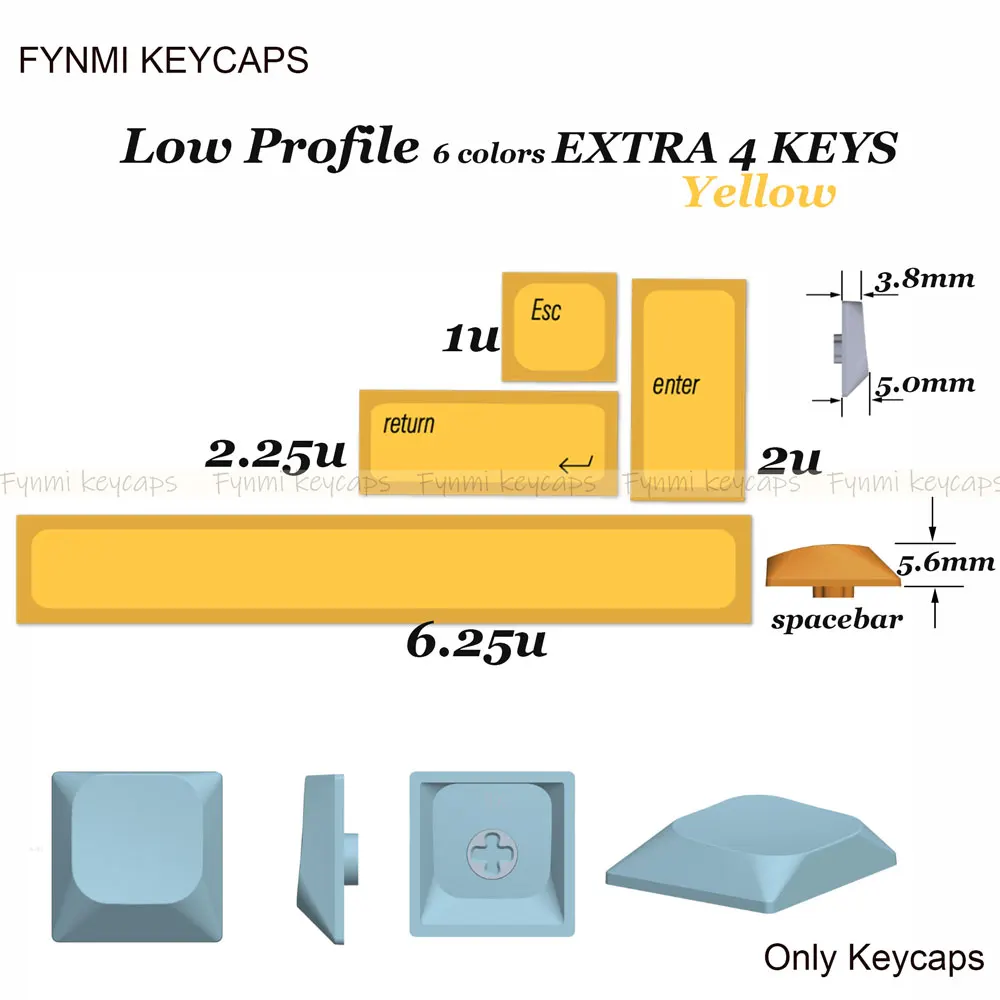 Fynmi 6 Colors Low Profile Extra 4 Keycaps 1u/2u/2.25u/6.25u PBT Dye Sublimation Keycaps for Mechanical Keyboards