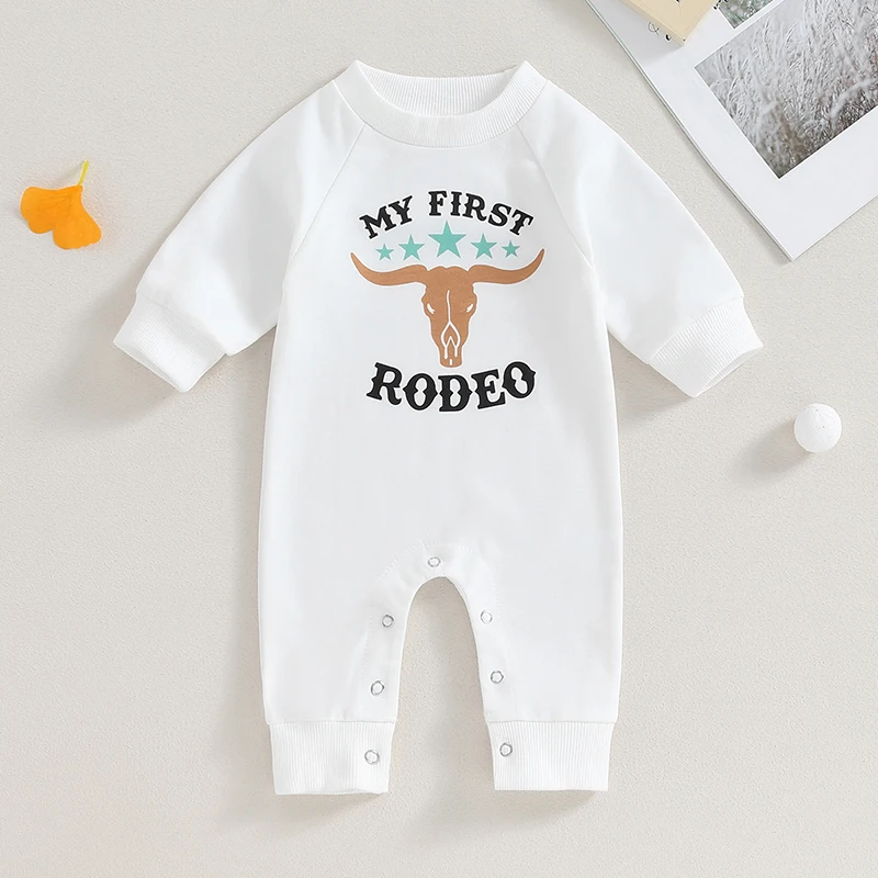 2023-08-01 Lioraitiin 0-12M Newborn Baby Boy Sweatshirt Rompers Western Bull Head Letter Print Long Sleeve Jumpsuit Fall Clothes