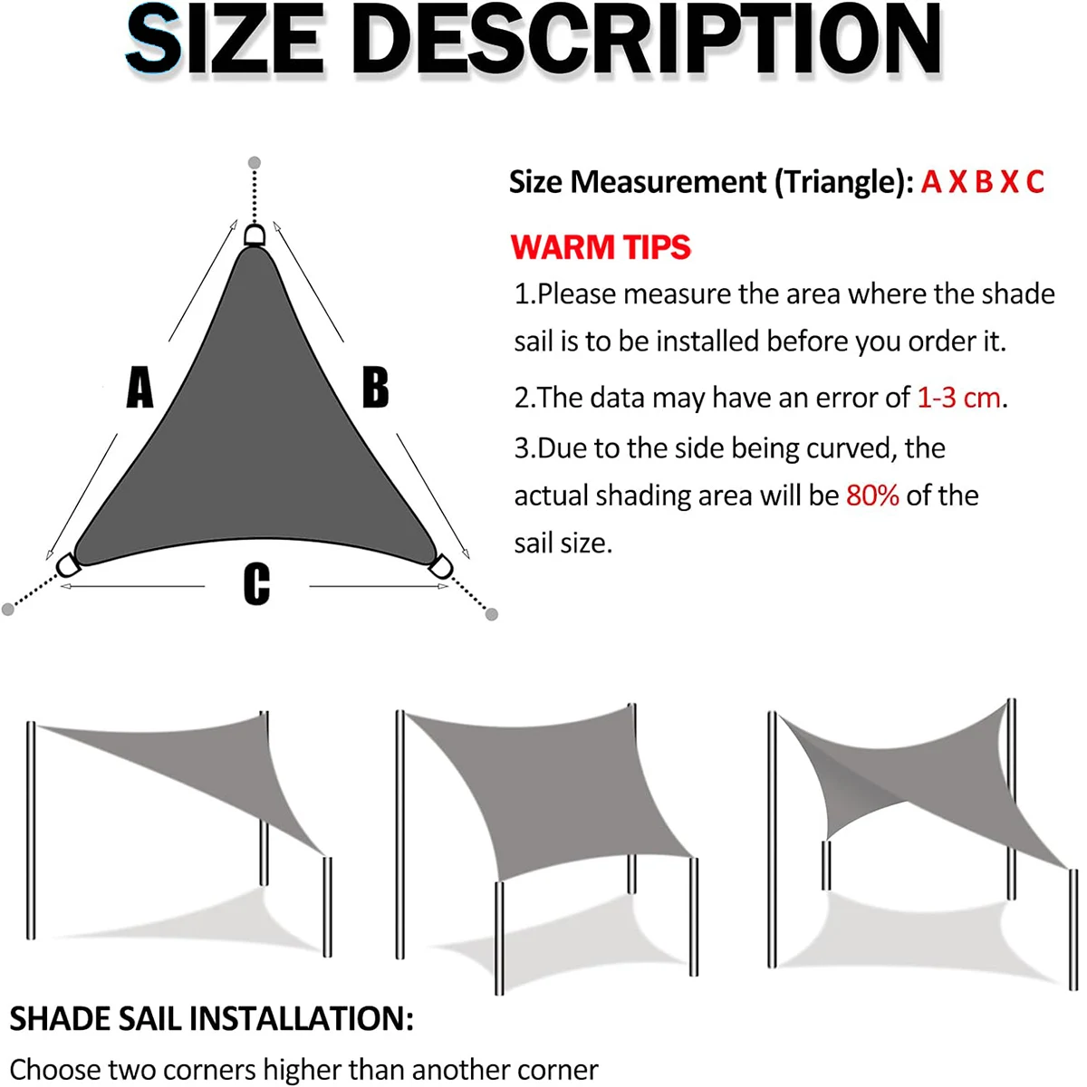 Shade Sail, Triangle Shade Sail, Garden Patio Waterproof Polyester Awning Swimming Awning, Camping Hiking Sail Canopy