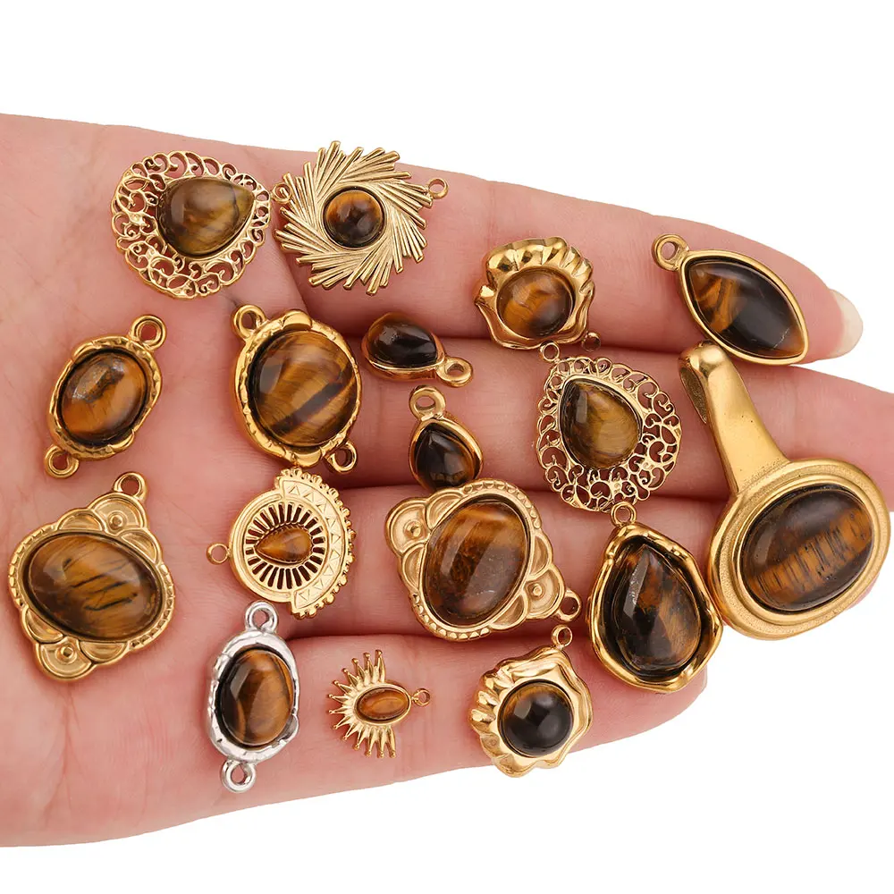 2/3/4/5pcs Stainless Steel Charm Inlay Tiger's Eye Stone Round Cross for DIY Necklace Earrings Bracelet Jewelry Making Wholesale