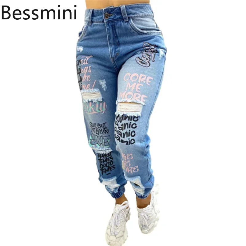 Women Trend Letter Print Pencil Jeans Stretch Drawstring Trousers Slim Denim Pants Female Fashion Casual Broken Holes Streetwear