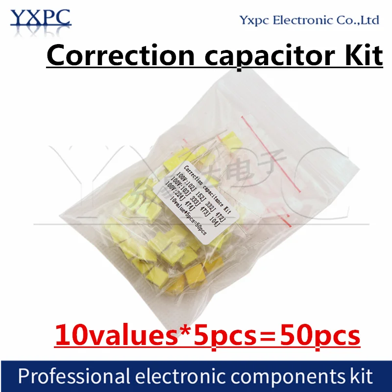 5values*10pcs=50pcs Correction capacitor package kit  100V 102J 152J 332J 472J 103J 333J 473J 104J 224J 474J  sample Sets