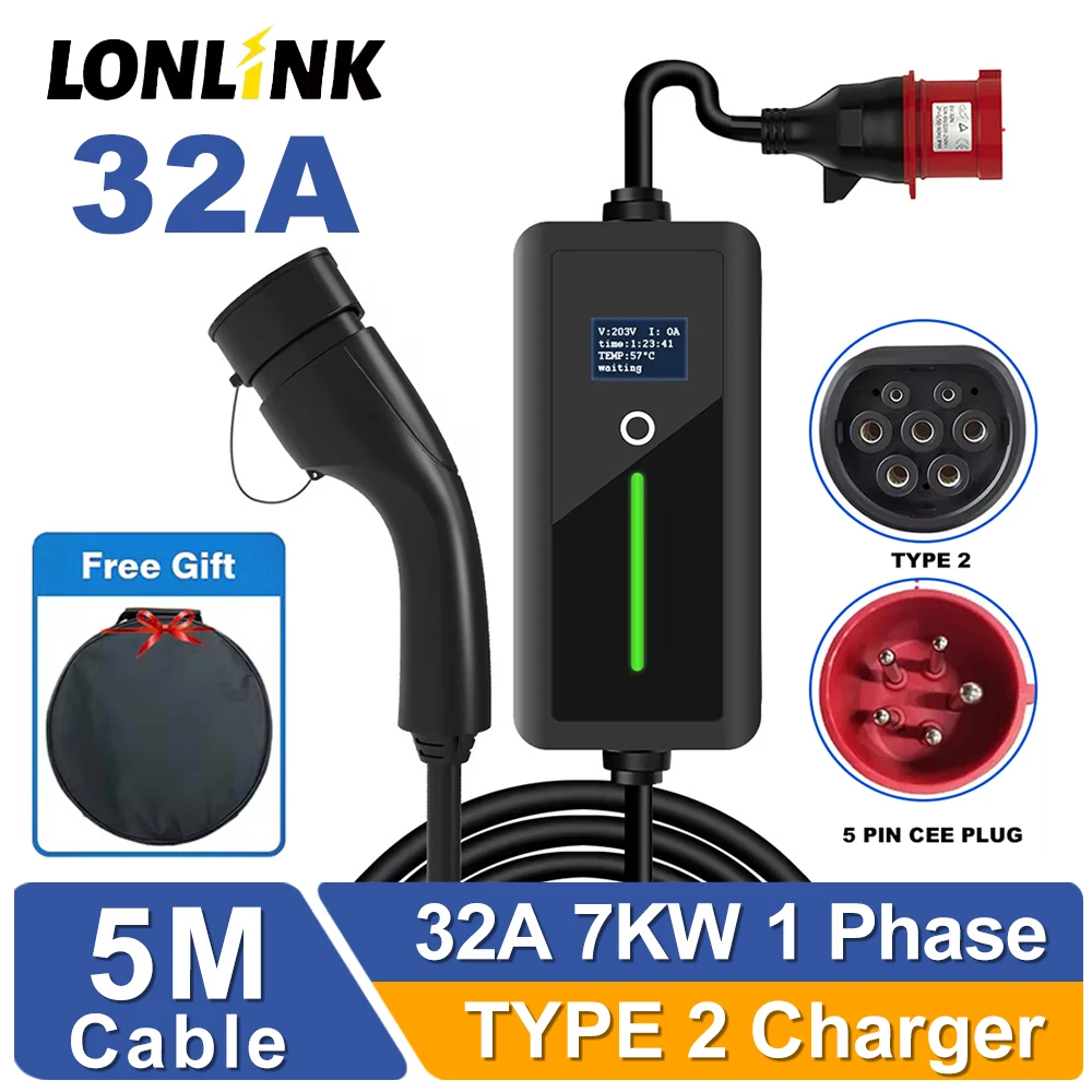 

LONLINK Ev Charger Type 2 charger 3.6-7KW 16-32A 5 meter level 2 evse wall box charger 240v ev charger CEE plug Electrical carde