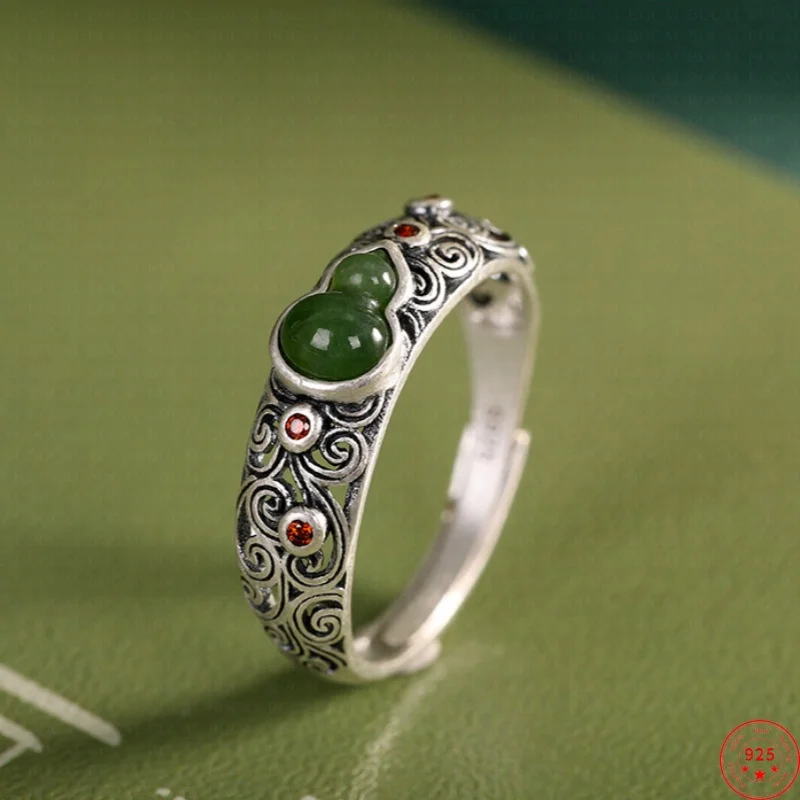 

S925 Sterling Silver Charms Rings for Women Men New Fashion Hollow Auspicious Cloud Pattern Inlaid Jasper Gourd Free Shipping