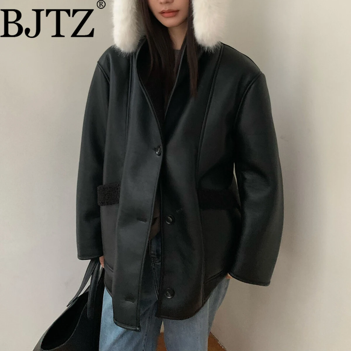 

BJTZ Women’s Suede Coat Jacket Long Plush Collar Casual Designer Comfortable Elegant Minimalist Premium Autumn Winter 2025