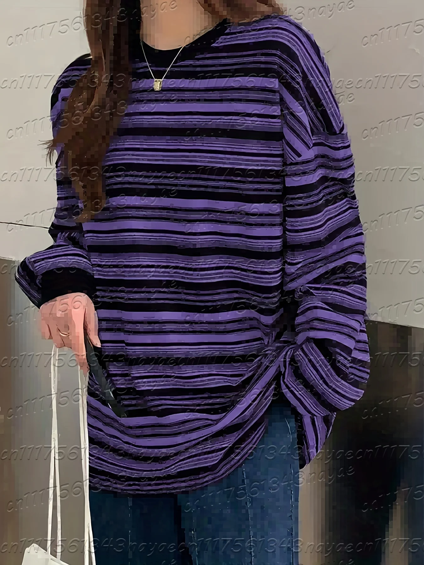 Loose Fit Striped Long Sleeve Women's T-shirt Autumn 2026 New Style Casual Base Shirt Red Color Block Top Trendy Ins Style