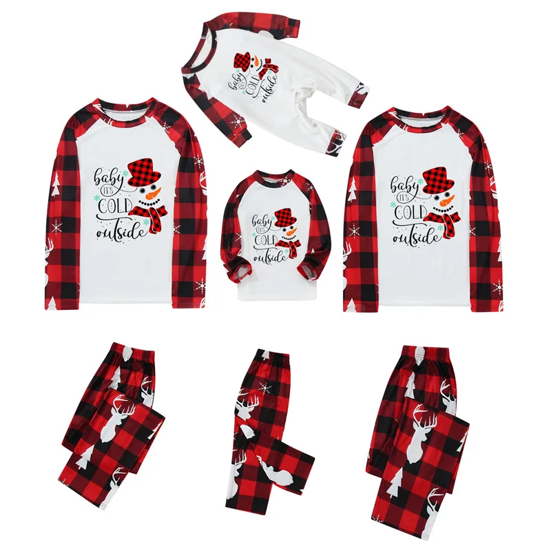 Matching Family Christmas Pajamas Set with Snowman Tops and Plaid Pants for Parents and Children - Festive Home Clothes for the