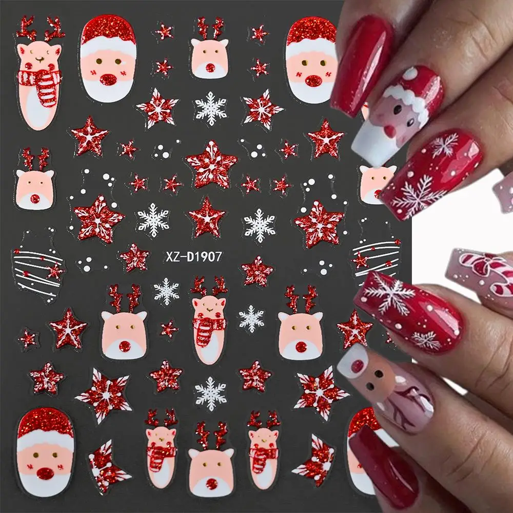 1 pz 3D rosso glitter Babbo Natale alce stella nail art adesivo cervo fiocchi di neve cursori per unghie di Natale per l'inverno Natale manicure decalcomania