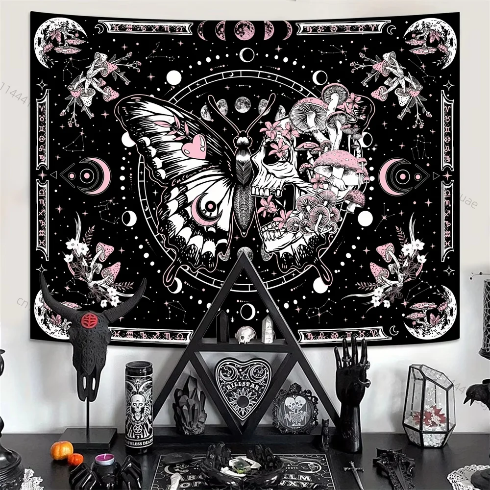 90X150CM Pink Skull Butterfly Mushroom Plant Tapestry Moon Phase Hippie Aesthetic Wall Hanging Flags Bedroom Dorm Banners Decor