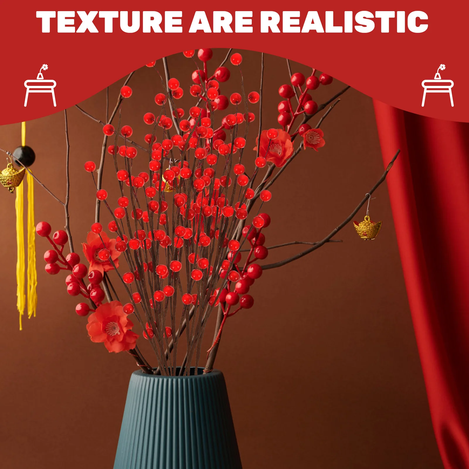 

10 Pcs Outdoor Red Berry Branch Christmas Twig Stem Wire Small Simulation Berries