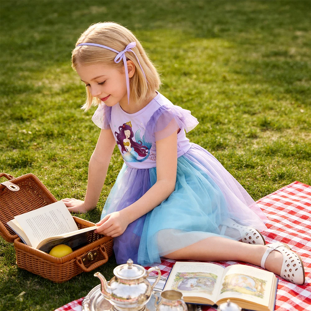 DXTON Kids Vacation Clothing Flying Sleeveless Princess Girls Dresses Mermaid Ruffled Children Dress Tutu Mesh Camping Outfits