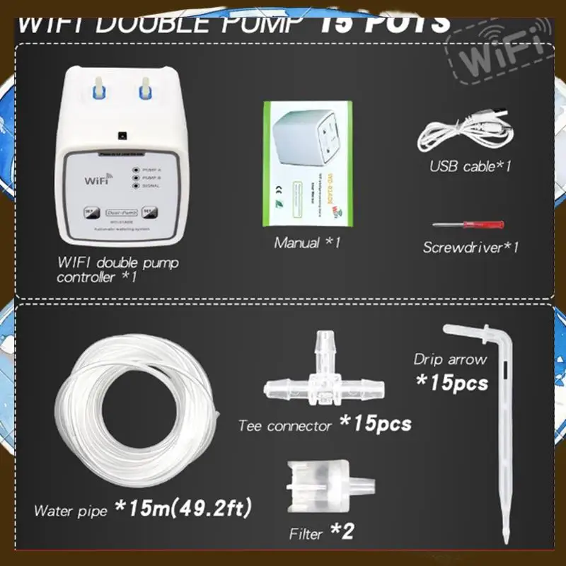 

WIFI Dual Pump Controller Automatic Water Drip Irrigation Watering System Kit Mobile APP Control-Double Pump 15 Pots-TFBC