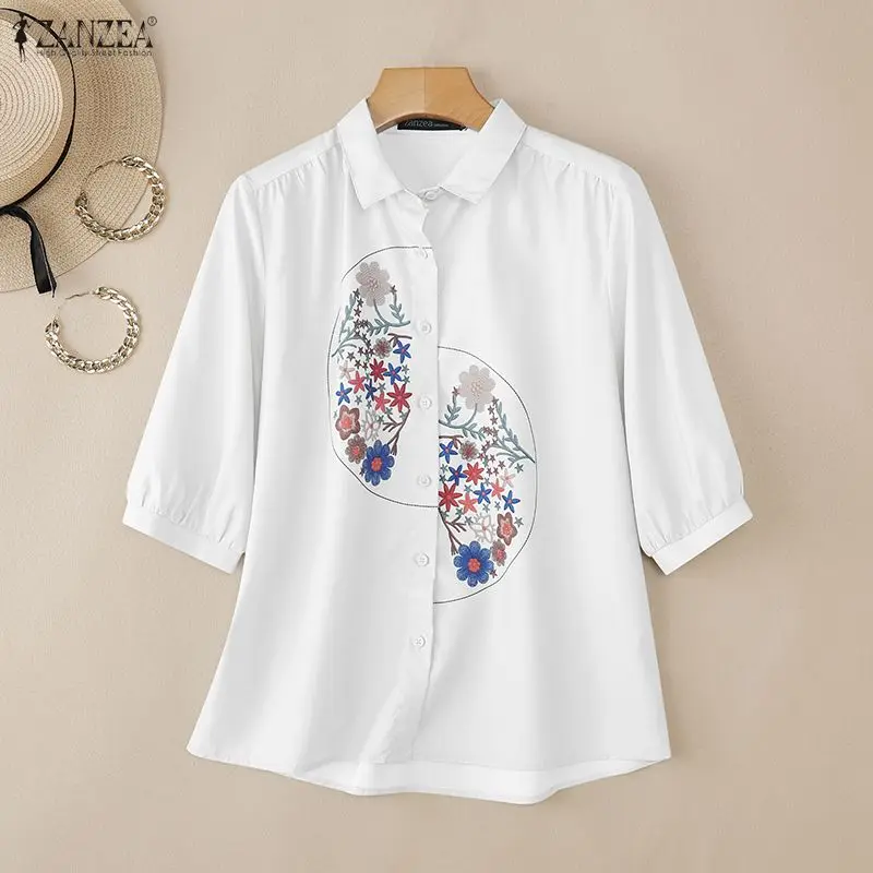 

Элегантные блузки ZANZEA 2026: весенне-летняя женская блузка с цветочным принтом, отложным воротником, рукавом 3/4, для офиса и повседневной носки, на пуговицах