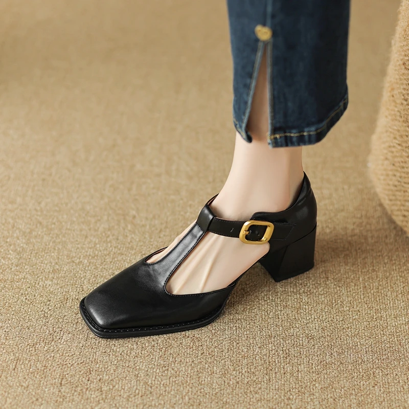 2023 Women Modern Sandals Shoes Genuine Leather Lagre Size Casual Buckle Strap Thick High Heel Retro Sandals Shoes   LX51