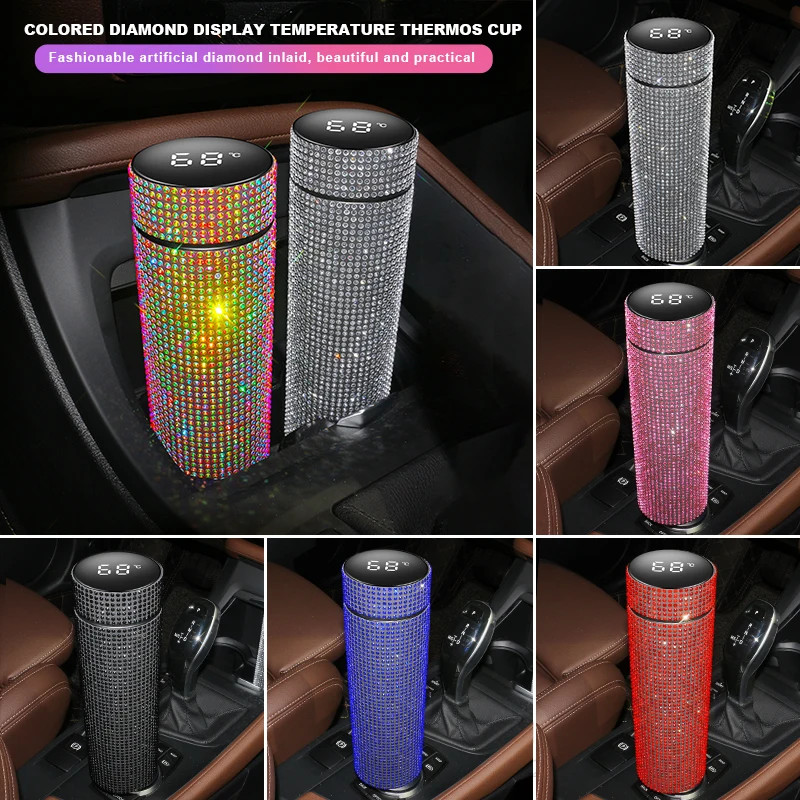 Rhinestone Diamond 500ml Coffee Cup Car Tumbler Vacuum Flasks Temperature Display Thermos Bottle Stainless Steel Water Bottle