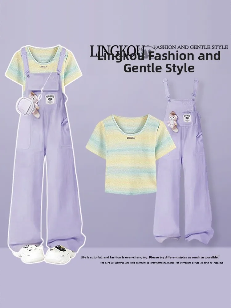 

plus Size Dopaamine Set Women Summer Gentle Design Striped Anti-Aging T-Shirt Slimming Denim Overalls Two-Piece Set Fashionab...