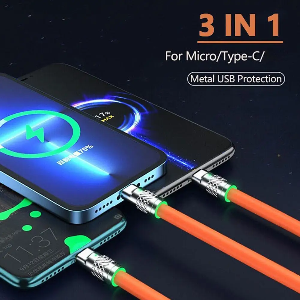 3 In 1 120W 6A Fast Charging Type C Cable Micro USB For IPhone Charging Cable For Samsung Phone Charger USB Cable