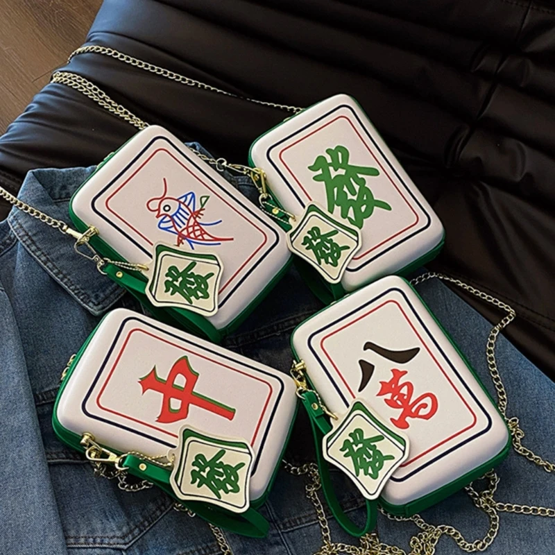 Modieuze crossbodytas met Mahjong-print voor dames met kettingriem PU lederen schoudertas Bags