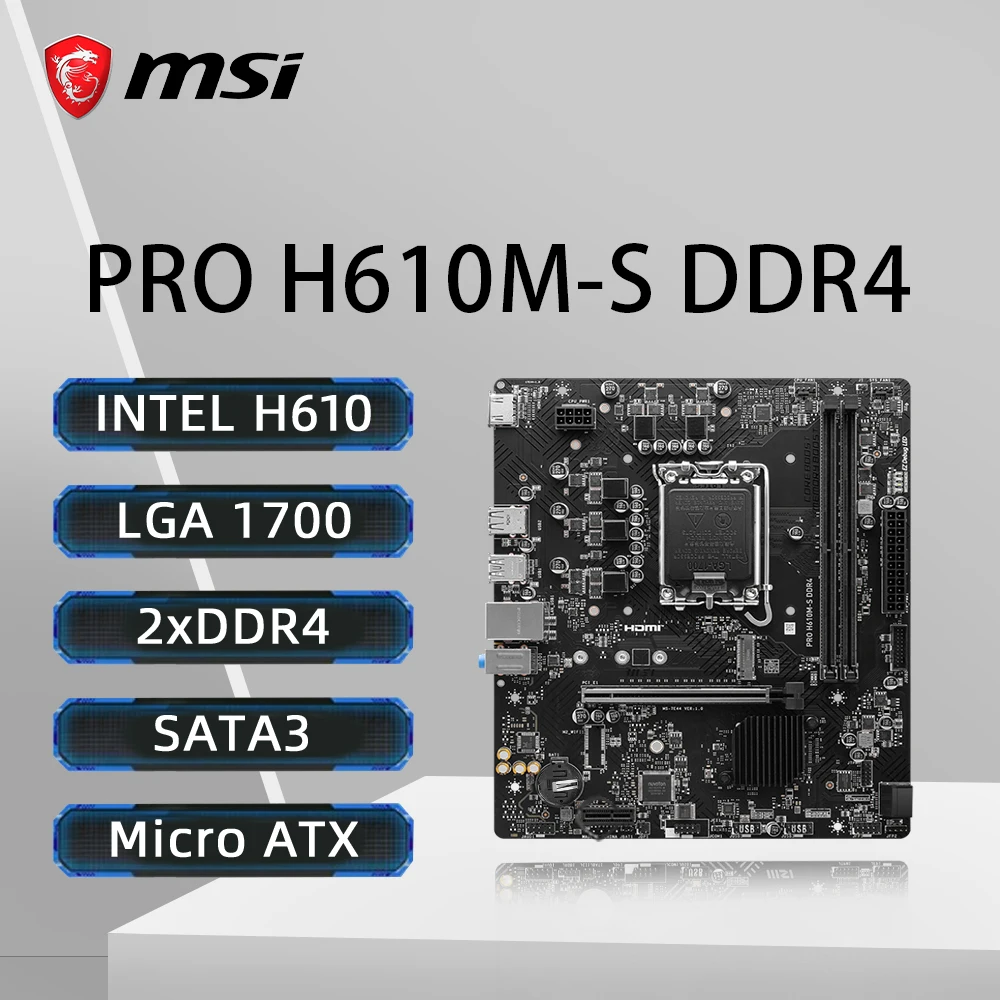 

MSI PRO H610M-S DDR4 Motherboard LGA 1700 Support i9-14900KS i7-14700KF i5-12400F CPU DDR4 3200MHz 64GB HDMI M.2 PCle 4.0 mATX