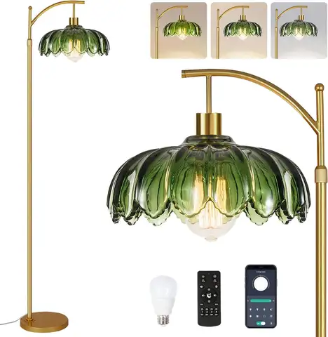 Gold Mid Century Modern Floor Lamp with Remote, Dimmable Brass Arc Lamp, Vintage Green Glass Boho Standing Light