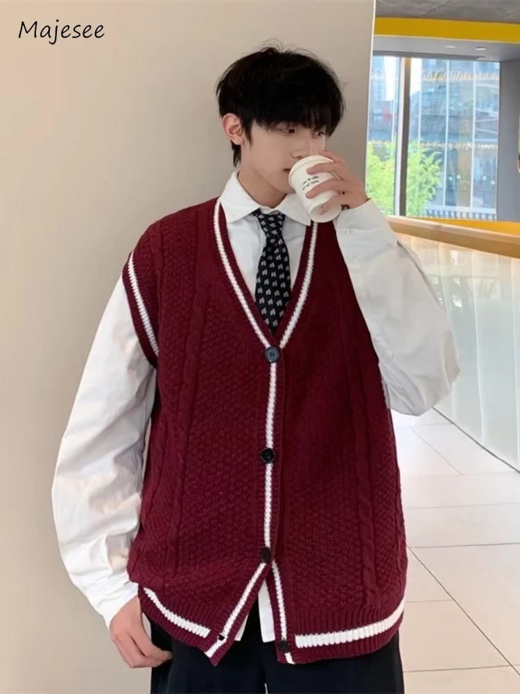 

Knitted Cardigan Men Autumn Sleeveless Textured Comfortable Korean Preppy Style Teenagers Daily Simple All-match Youthful Couple