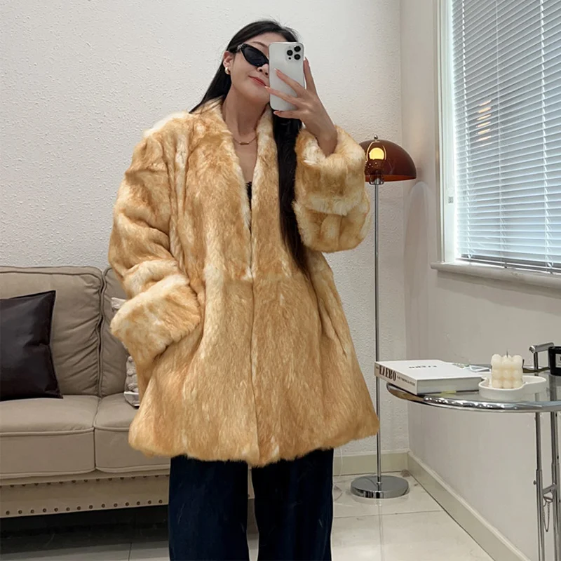 2026 New Autumn Winter Natural Rabbit Fur Coat Real Fur Leather Women's Clothing Outerwear Lady Women Female V-neck Jacket