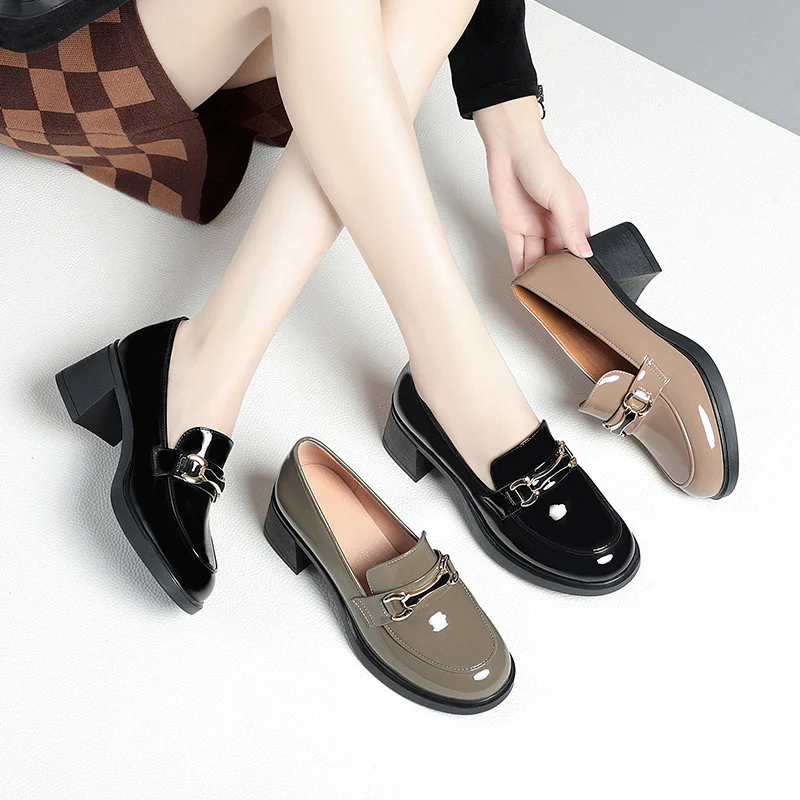 Spring Autumn Women Pumps Patent Leather Shoes Middle Heels Loafers Fashion Breathable Solid Casual Comfortable Single Shoe