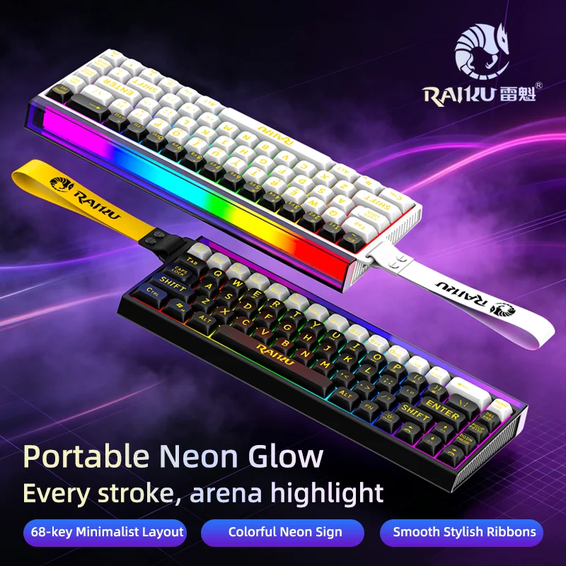Wired illuminated 68-key wired keyboard with RGB lighting panel, compact and portable keyboard, 60% layout keyboard
