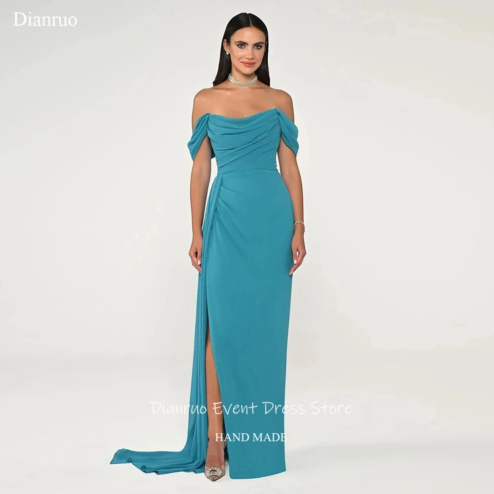 

Dianruo Off The Shoulder Ruched Evening Dresses Long Sexy Vestidos De Gala Side Slit Teal Chiffon Vestido De Noiva Customized
