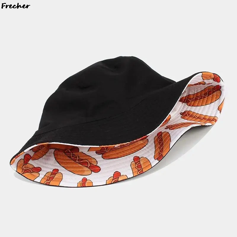 Hot Dog Bucket Hats Summer Sunscreen Panama Breathable Cotton Funny Sun Hats for Women Men Outdoor Hip Hop Cap Hamburger Caps