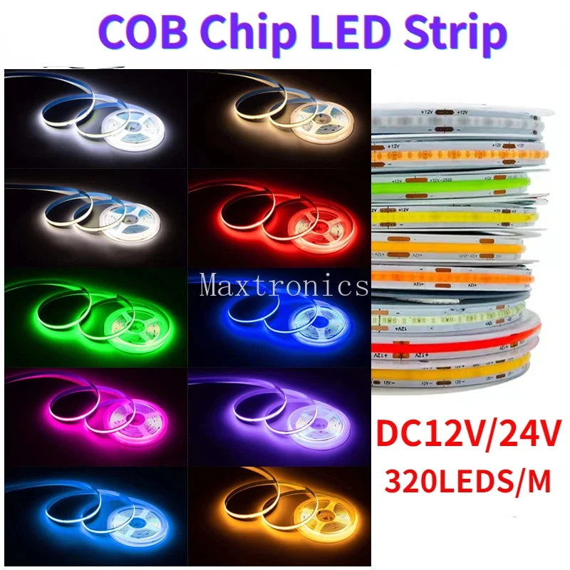 高密度cob LEDストリップライト,リニア照明,フレキシブルテープ,白,赤,青,緑,テレビの背景装飾,dc12,24v,320ダイオード/m