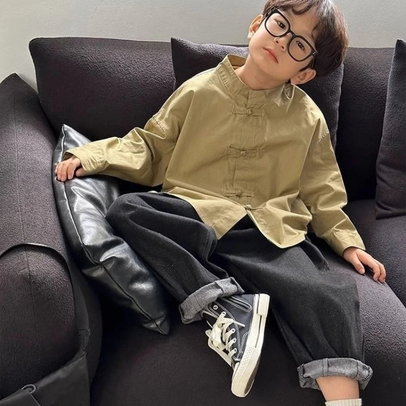 Boys Cotton Shirt Spring Autumn Solid Color Long Sleeve Button Up Tops Casual Kids Fashion Clothing