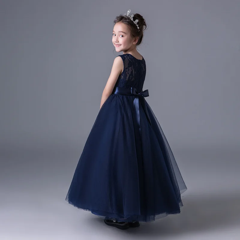 Girls Formal Occasion Dress For Wedding Navy Blue Ball Gown Flower Girl Dresses With Belt