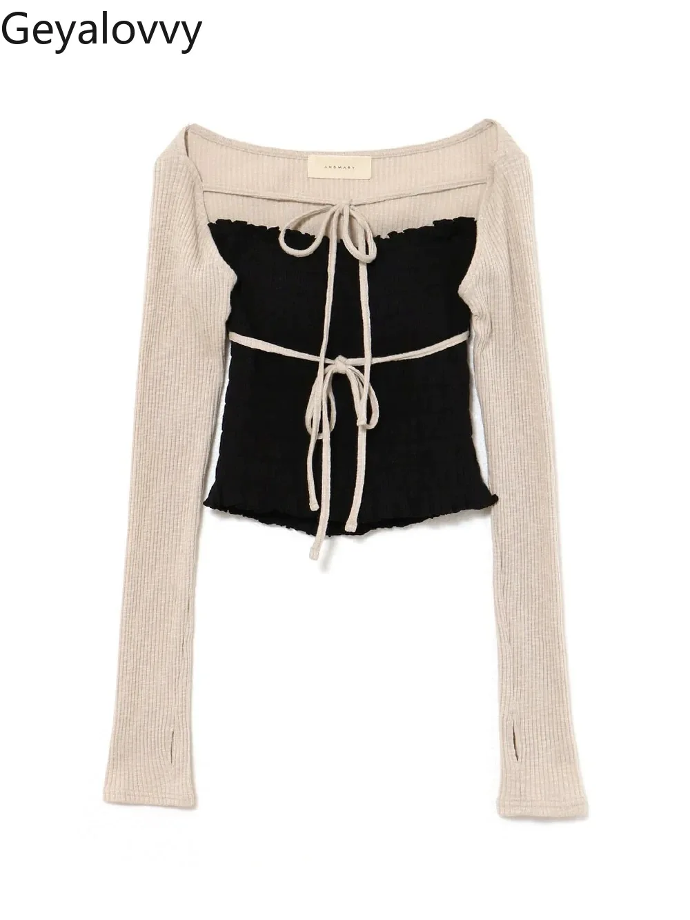 Japanese Style Elastic Tube Top Long Sleeve Knitted Blouse Lace-up Two-piece Set Knitting Shirt for Women Spring Autumn