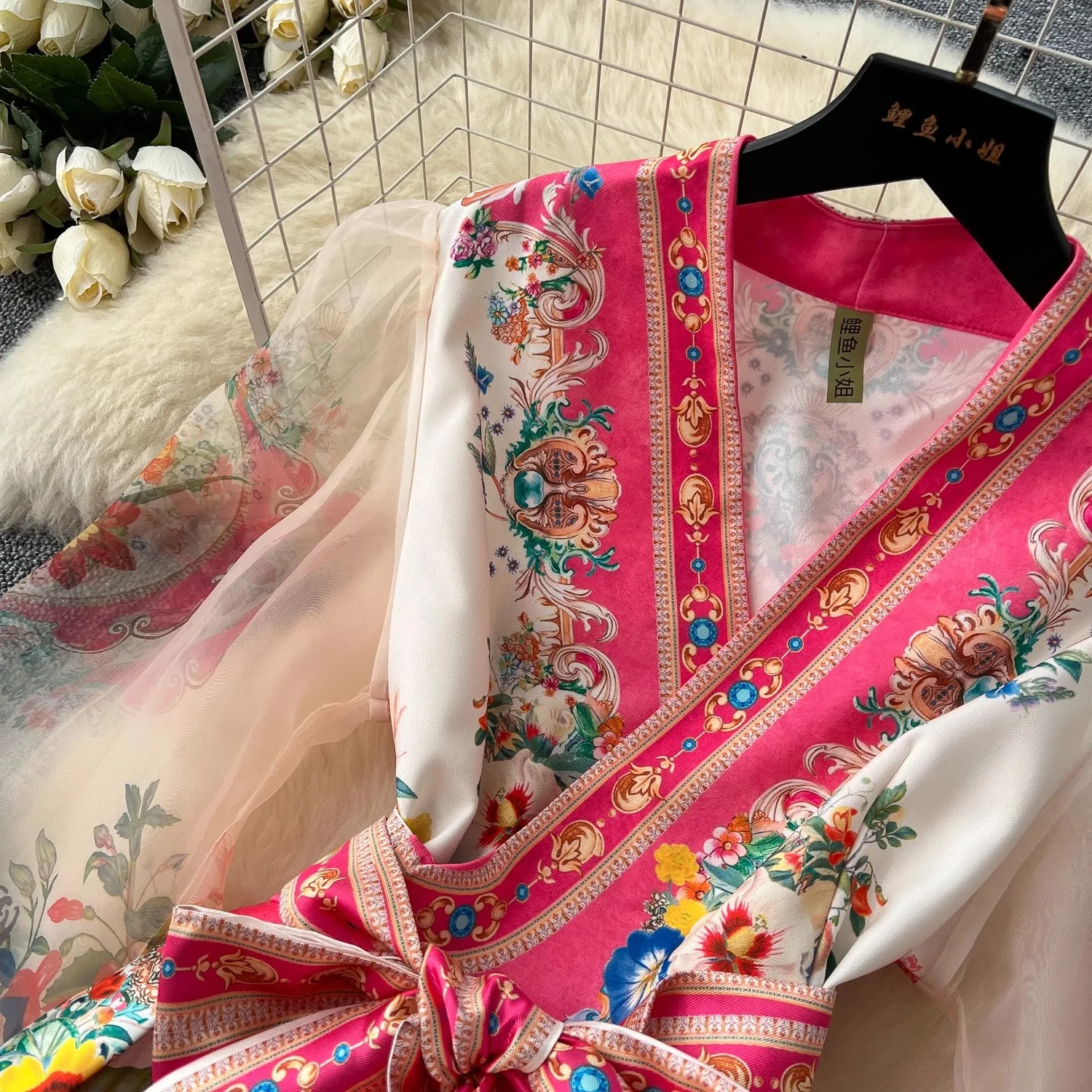 Gorgeous Flower Bandage Lace Up Wrap Dress Women Cross V Neck Lantern Sleeve Chiffon Patchwork Thick Satin Long Party Vestidos