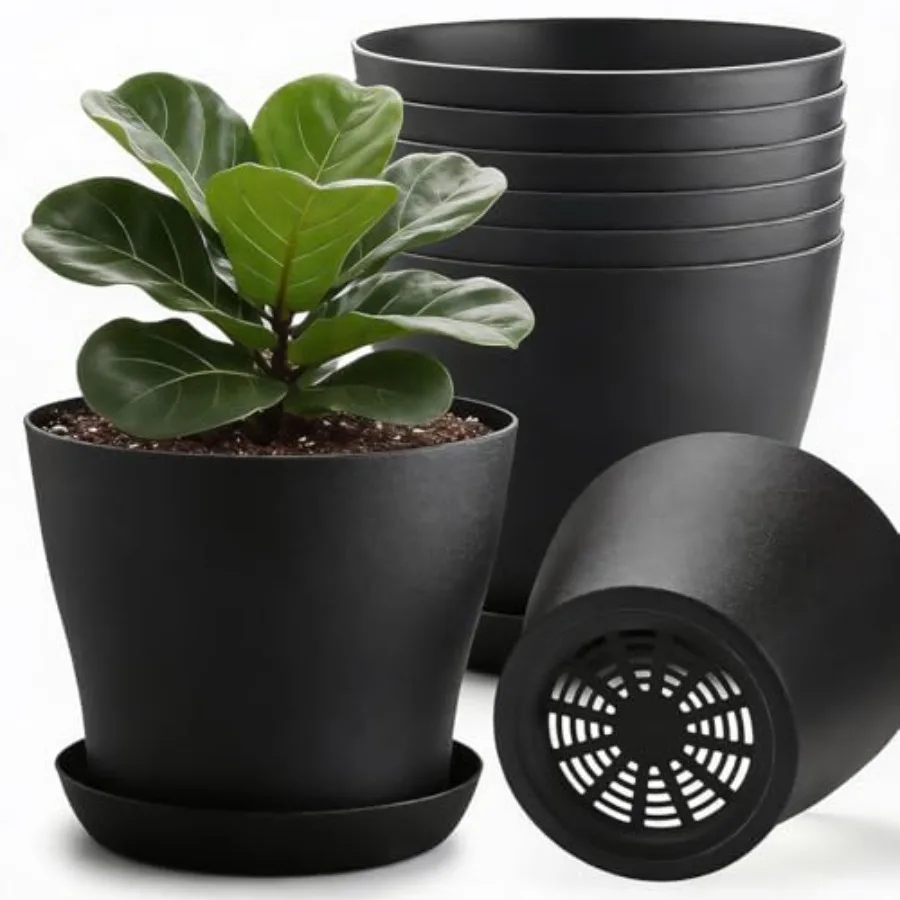 

6 Pack 8inch Plant Pot with Drainage Holes and Saucer, Durable Plastic 8" Nursery Pots - Round Flower Pots for Indoor/Outdoor P
