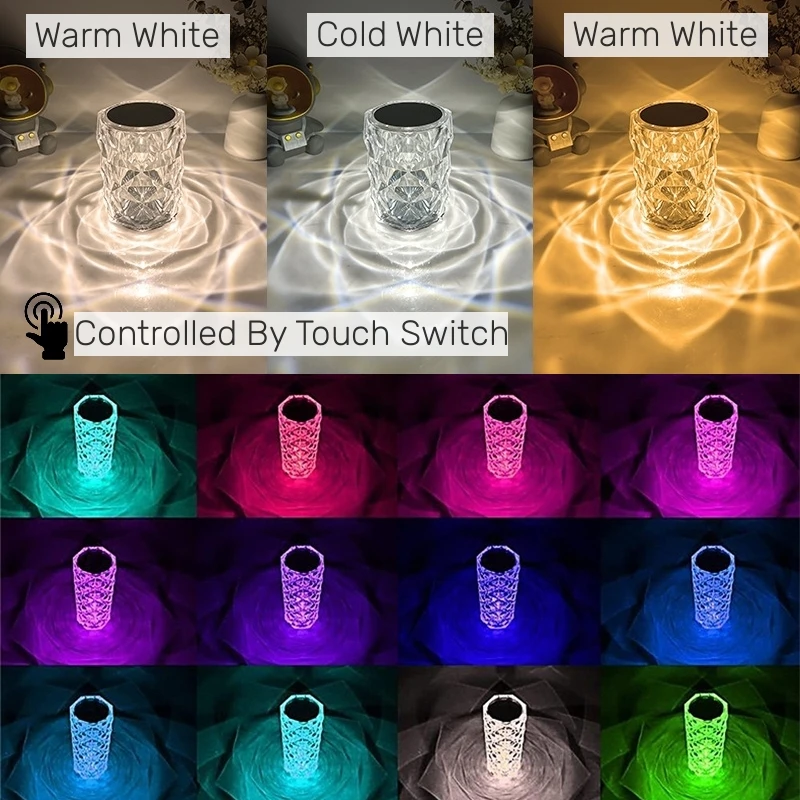 Diamond Rose LED Crystal Table Lamp 3/16 Colors Dimmable Touch USB Projector Lamp Atmosphere Bedroom Bedside Decor Night Lights