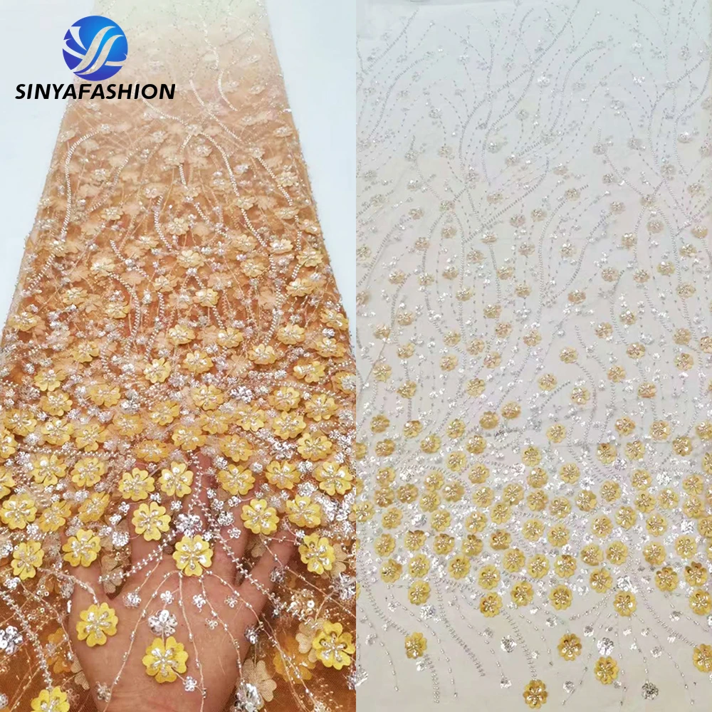 Sinya High-end Luxury Wedding Party Evening Bridal Dress Sew Material Gradient Color 3D Flower French Sequins Beaded Lace Fabric