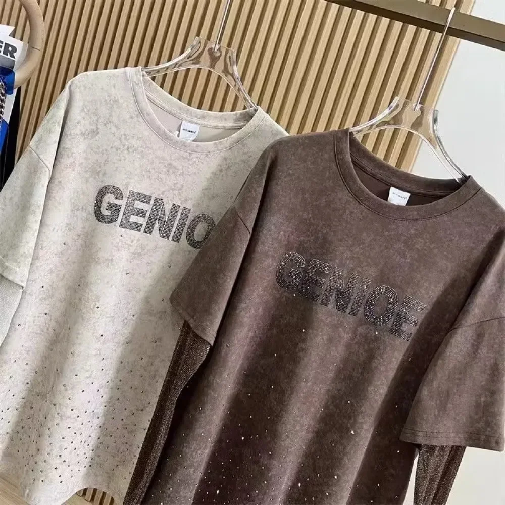 Plus Size 150kg Letter Stamping Diamonds T-shirts Women 2024 Gold Silk Long Sleeve Lady Tops False Two-piece Spring/summer Tees