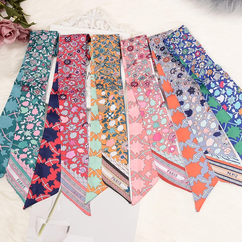 

Bag Scarf 2021 New Floral Print Women Silk Scarf Skinny Bag Ribbon Female Headband Fashion Head Scarf Long Scarves & Wraps