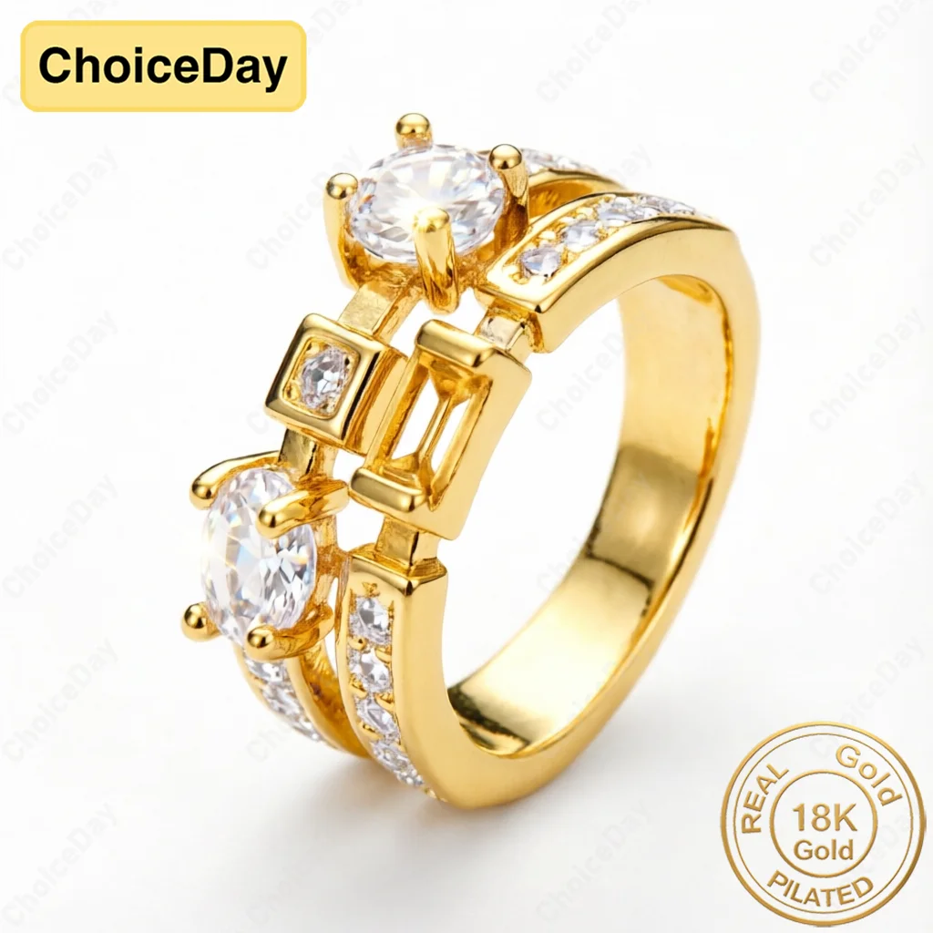 18K Gold Plated Luxury Exquisite Double Zirconia Ring Women Fashion Engagement Party Gift Jewelry Accessories