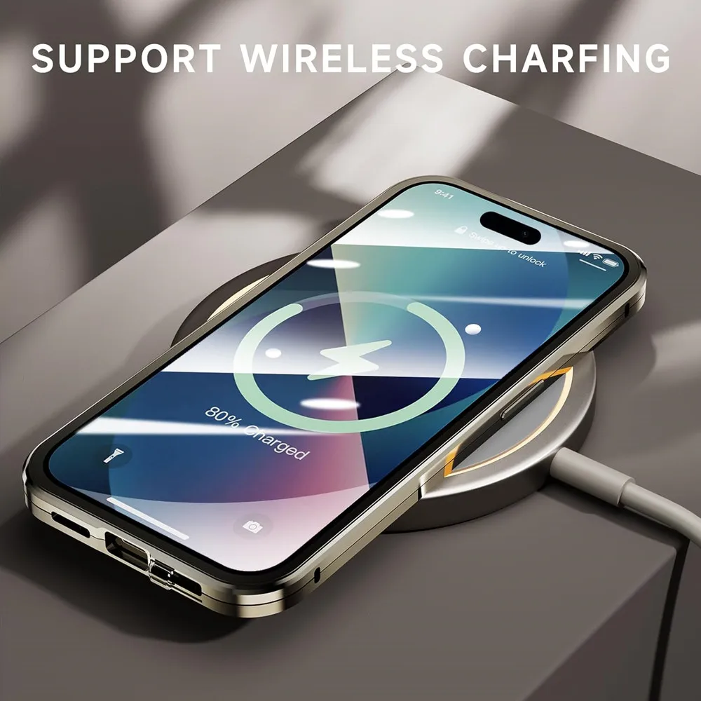 360 ป้องกันแม่เหล็กสําหรับiPhone 17 Pro Max 16 15 14 13 12 16eเลนส์โลหะป้องกันกระจกสองด้าน