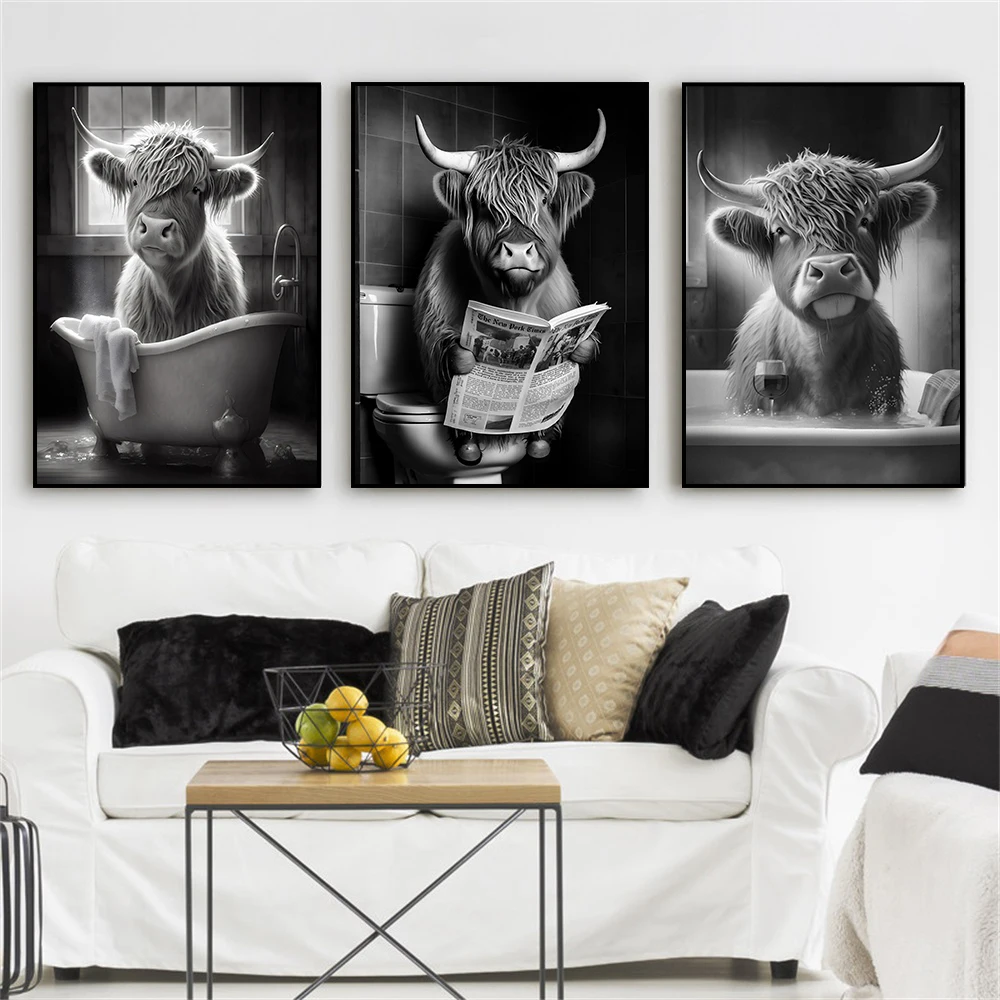 

Cute and Funny Poster Cow on a Toilet Canvas Painting Bubble Bath and Wine Prints Black and White Wall Art Home Bathroom Decor
