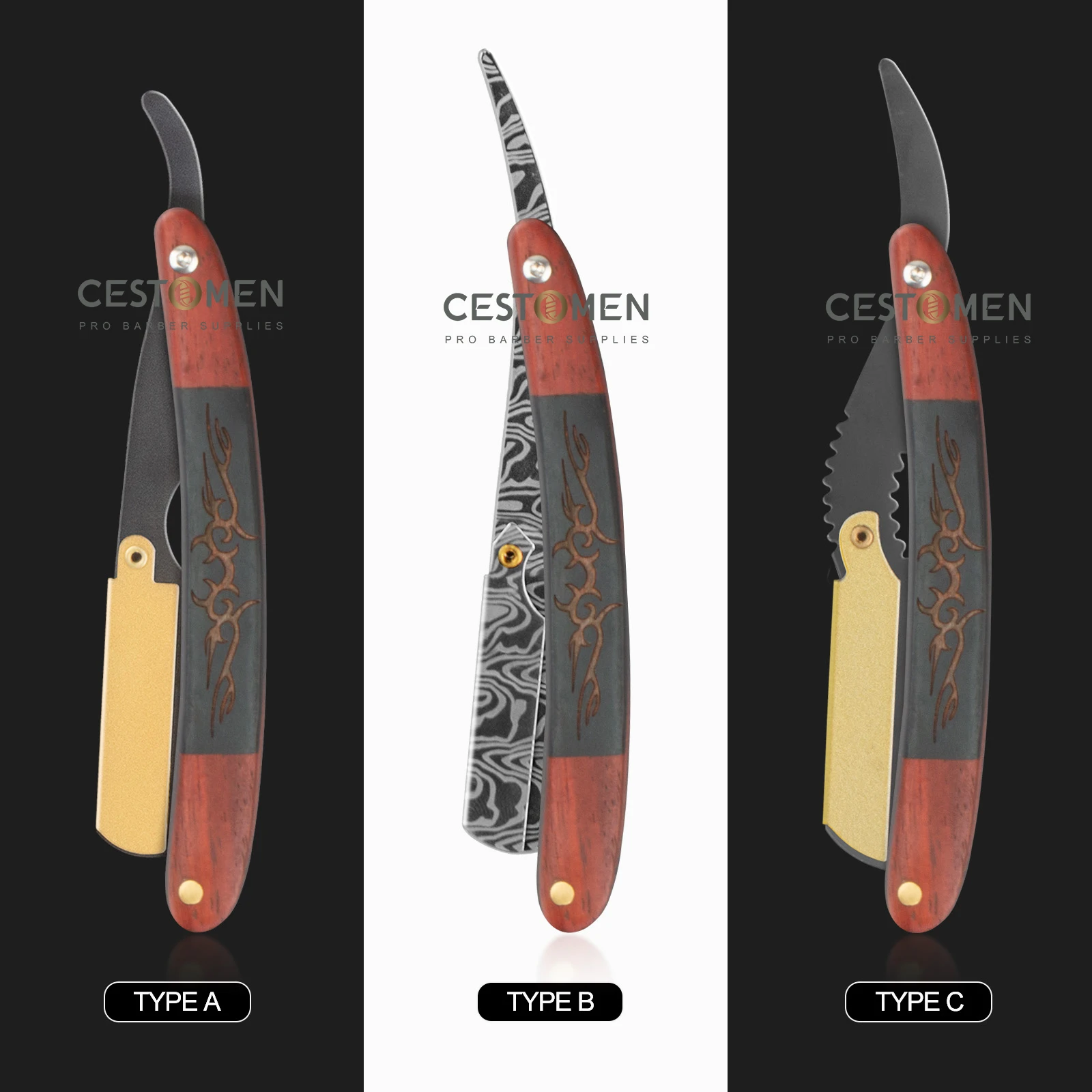 Maquinilla de afeitar Manual para Barbero, soporte de cuchillo plegable profesional de acero inoxidable para afeitado de barba, mango de madera, cuchillas de seguridad, 3 tipos