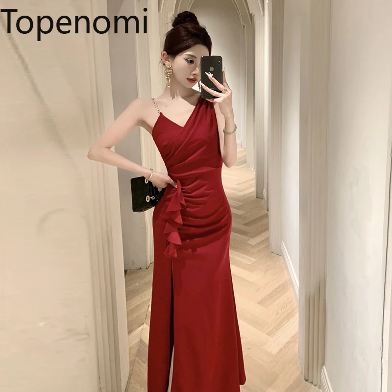 

Topenomi Sexy Sleeveless Strap Banquet Party Dress Women Elegant Spliced Ruffled Waist Split Slim Formal Evening Long Dresses